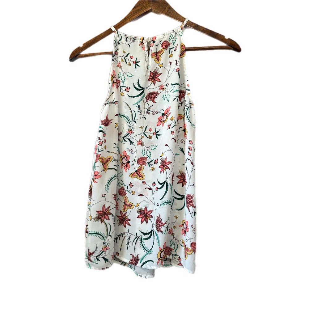 CeCe Floral Halter Neck Blouse Womens XS White‎ Sleeveless Pleated Top Excellent - Picture 7 of 7